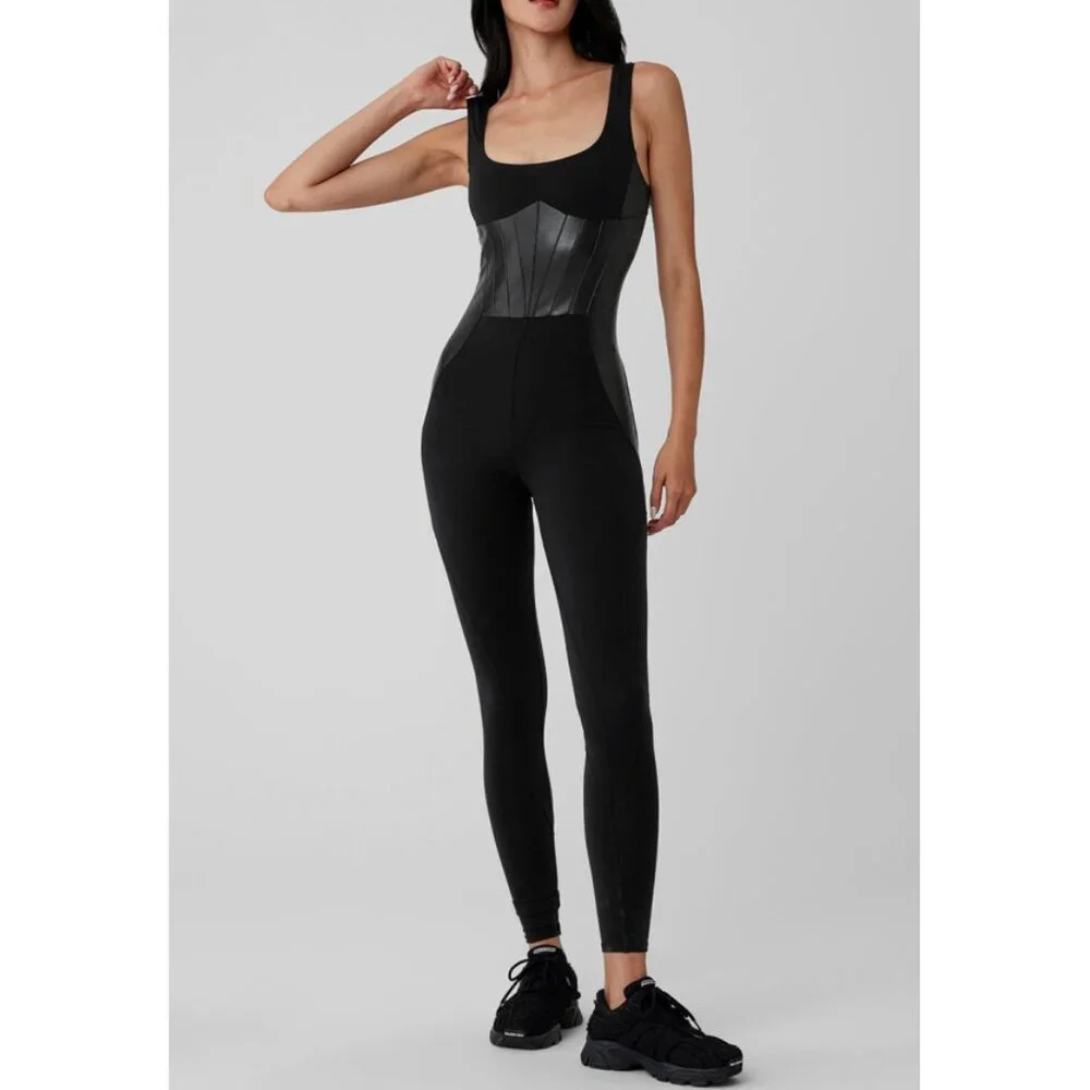 Alo Airbrush Racing Onesie Black Faux Leather Edgy Moto Biker One-Piece Jumpsuit